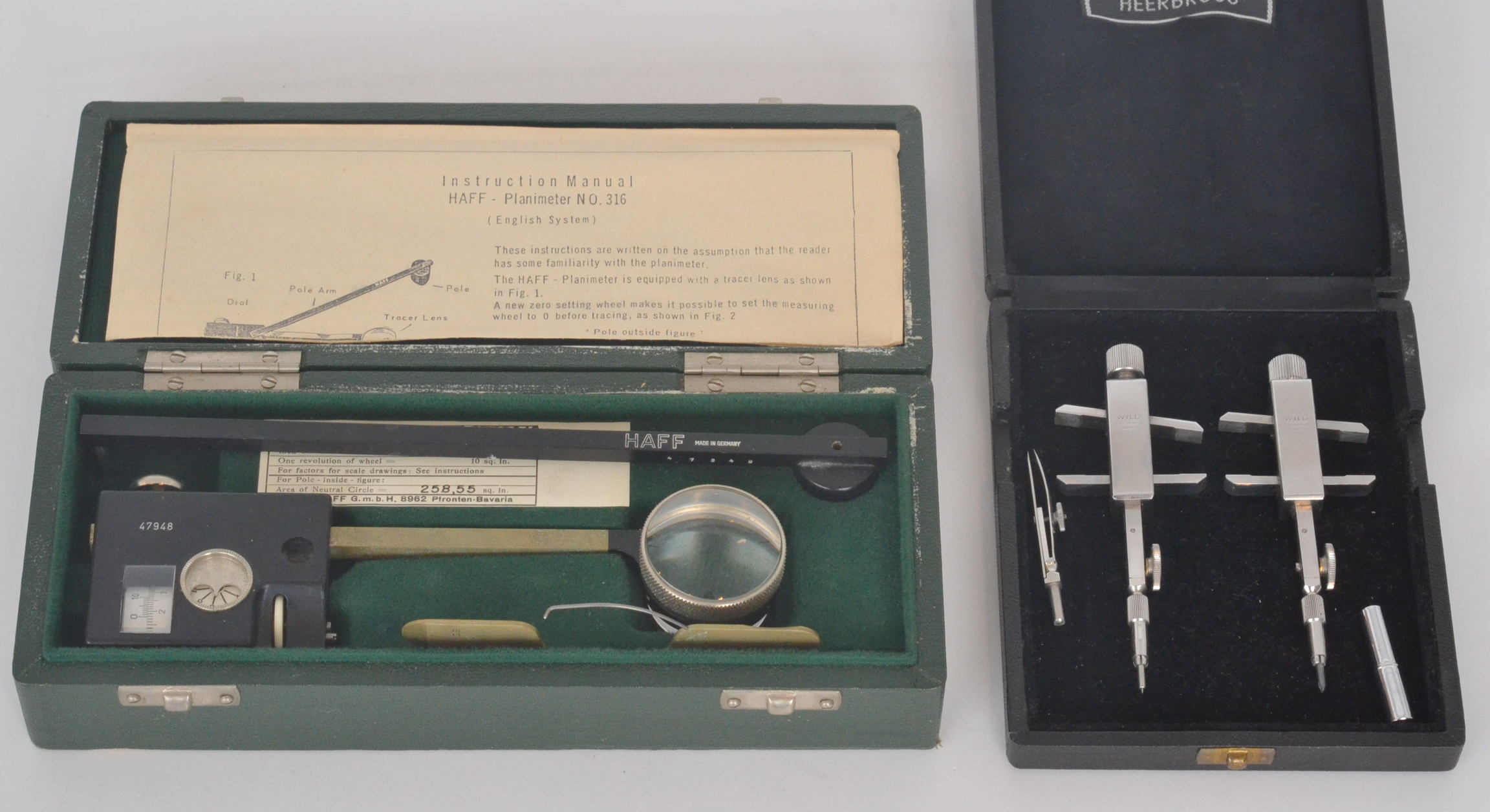 A Haff-Planimeter No 316, serial no 47948, together with instructions in fitted green plush lined