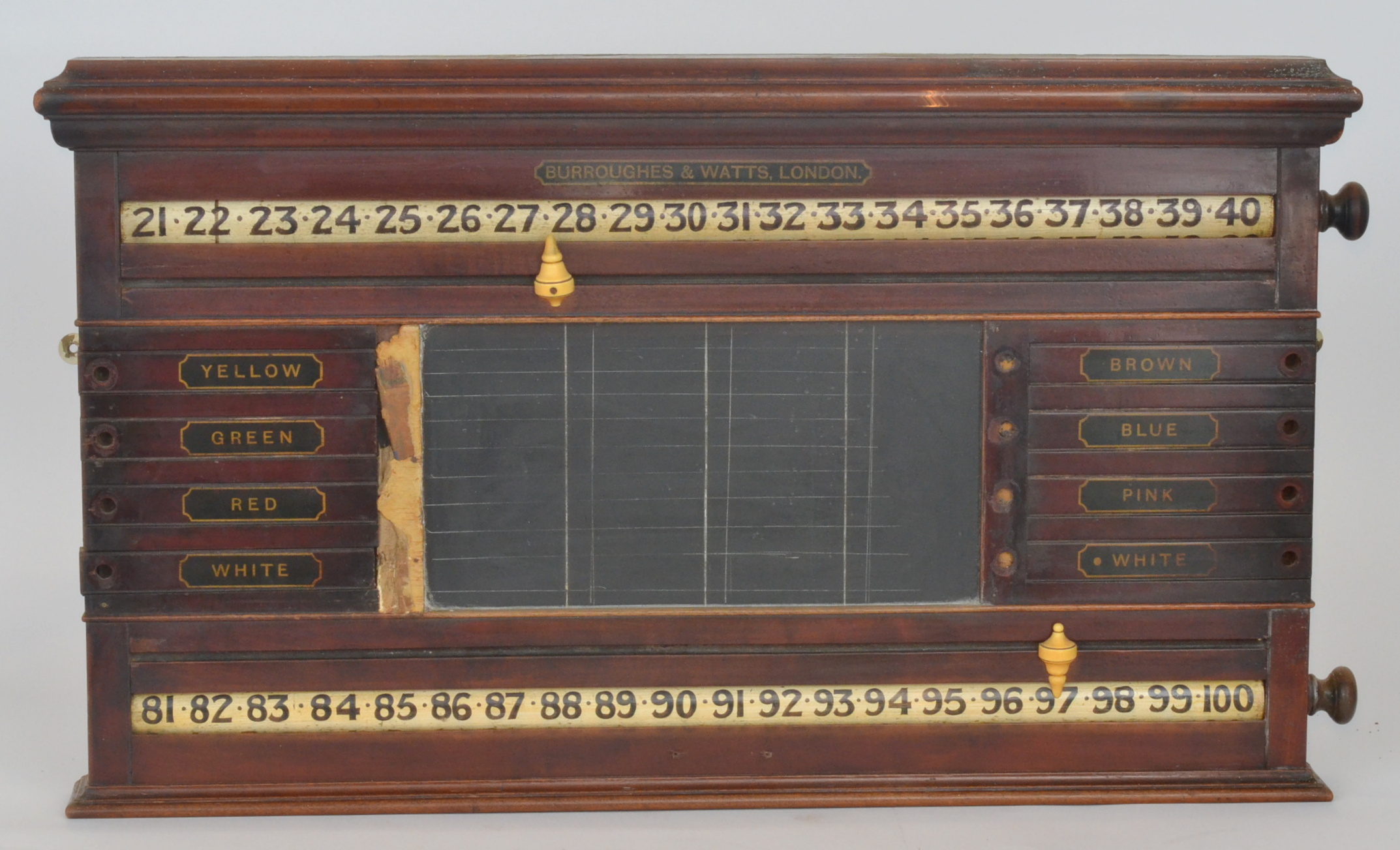 An early 20th Century mahogany cased snooker or billiard score board, sliding and revolving score