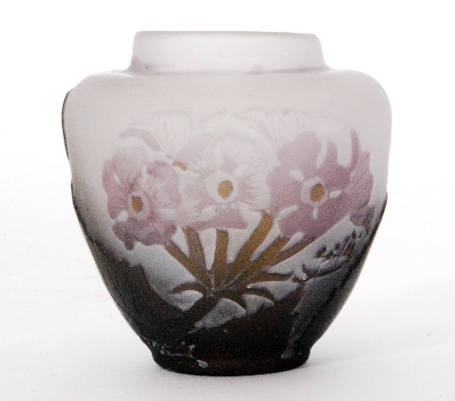 Emille Galle - A small cameo glass vase of shouldered ovoid form with collar neck cased in lilac