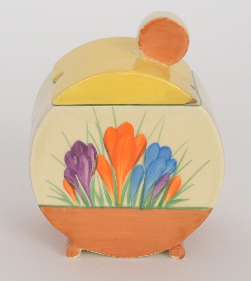 Clarice Cliff - Crocus - A Bon Jour shape preserve pot and cover circa 1936 hand-painted with