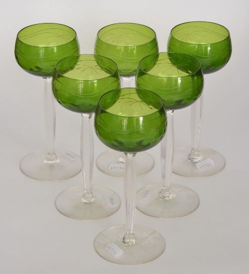 In the manner of Theresienthal - A set of six early 20th Century wine glasses with a wide circular