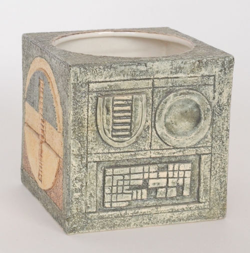 A Troika Pottery square vase decorated by Louise Jinks with incised and textured decoration,