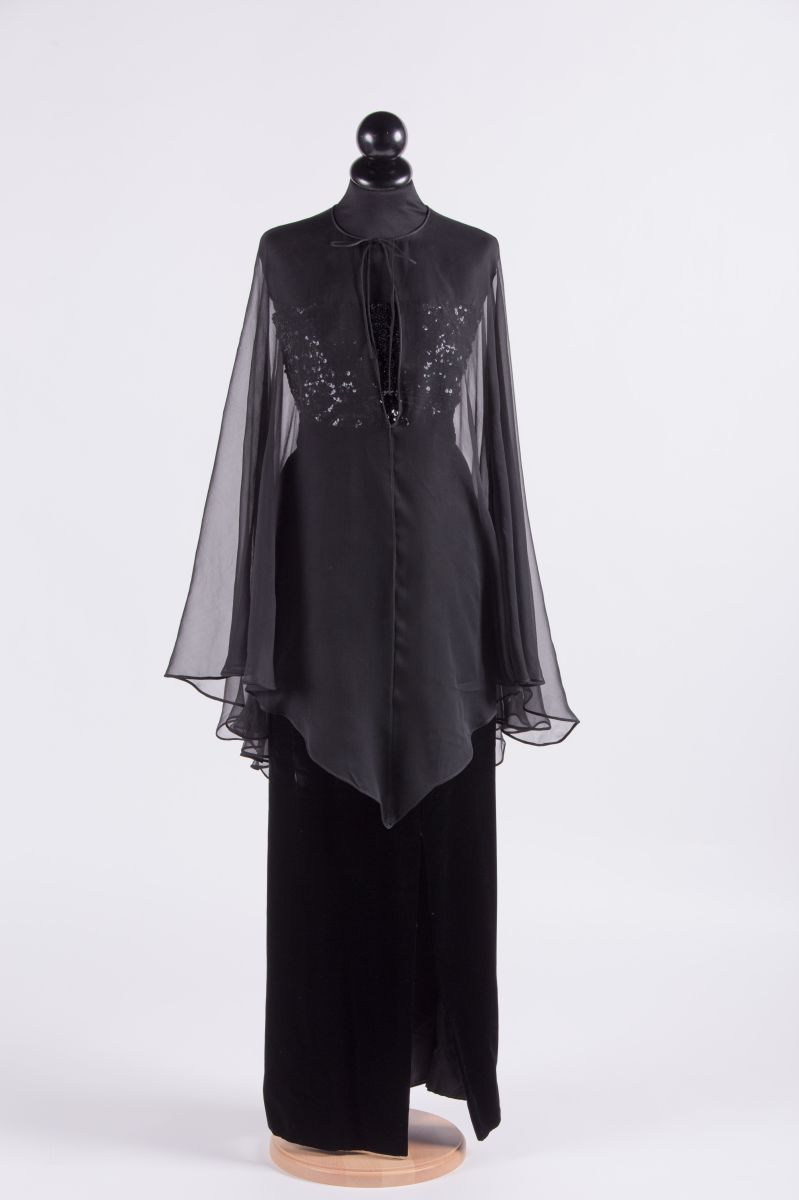 Valentino 1979 Black silk outfit composed of a long silk velvet skirt, sequin top and silk chiffon