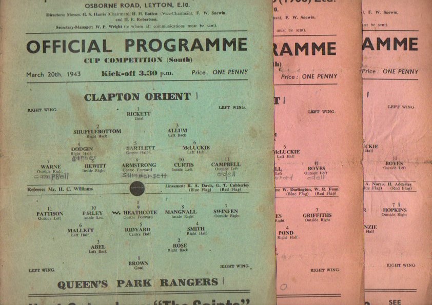 Clapton Orient Football Programmes: Home issues 1942/3 South Cup versus Southampton, Brentford and