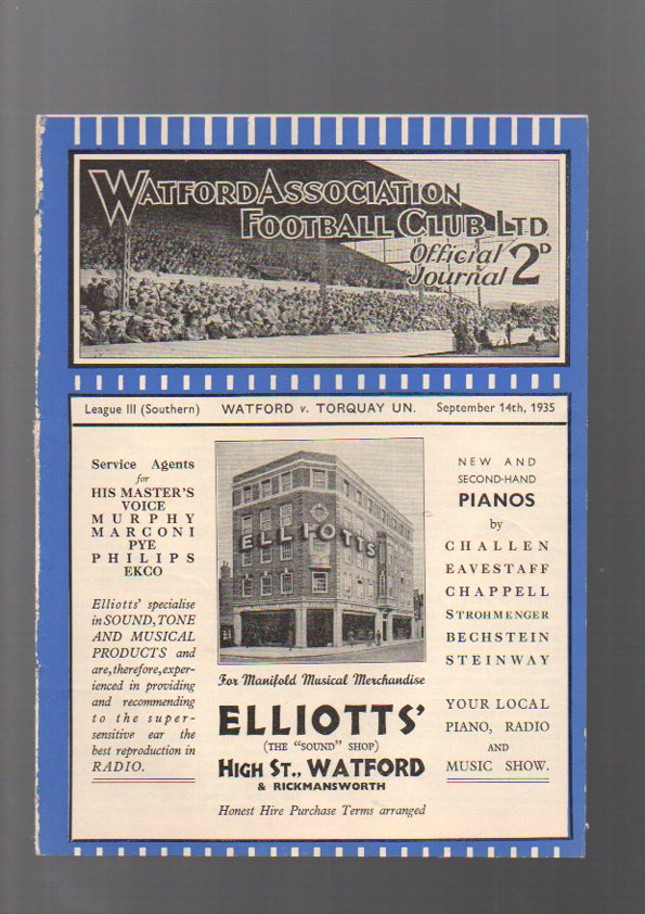 Watford Football Programme: Home issue versus Torquay United 14th September 1935 (1) Fair-Good