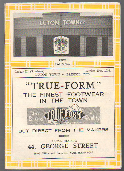 Luton Town Football Programme: Home issue versus Bristol City 10th October 1936 (1) Good