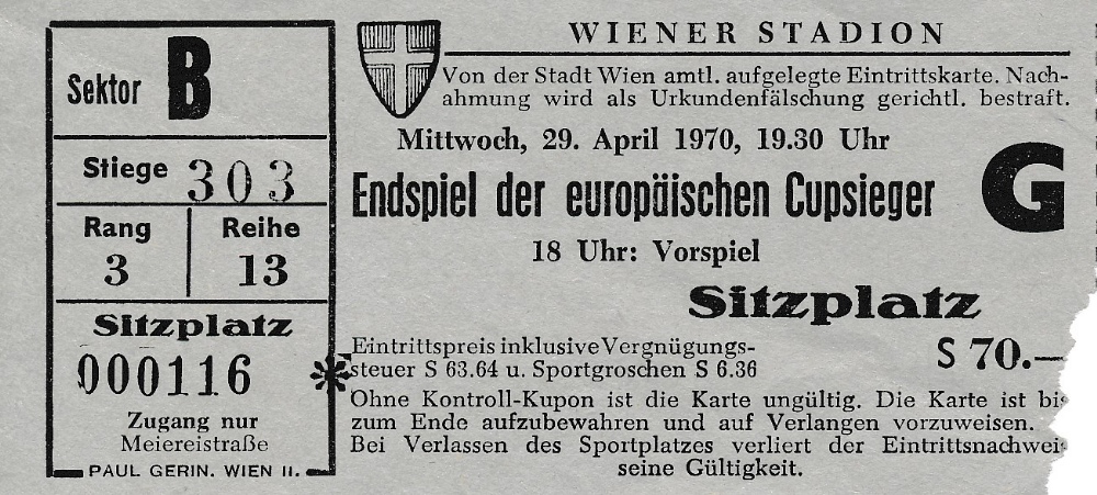 European Football Ticket: Cup Winners Cup Final 1970 Manchester City v Gornick Zabrze from Vienna (