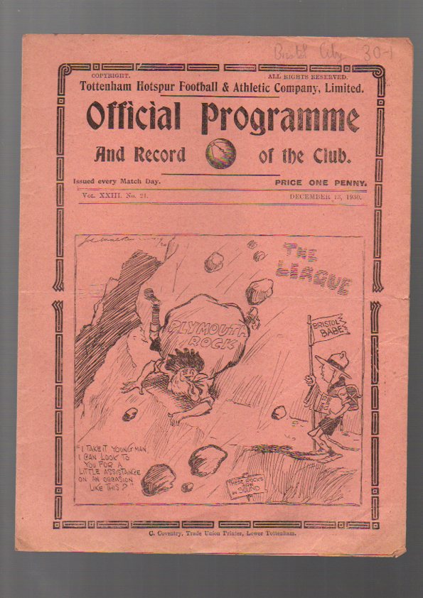 Tottenham Hotspur Football Programme: Home issue versus Bristol City December 13th 1930 (1) Good