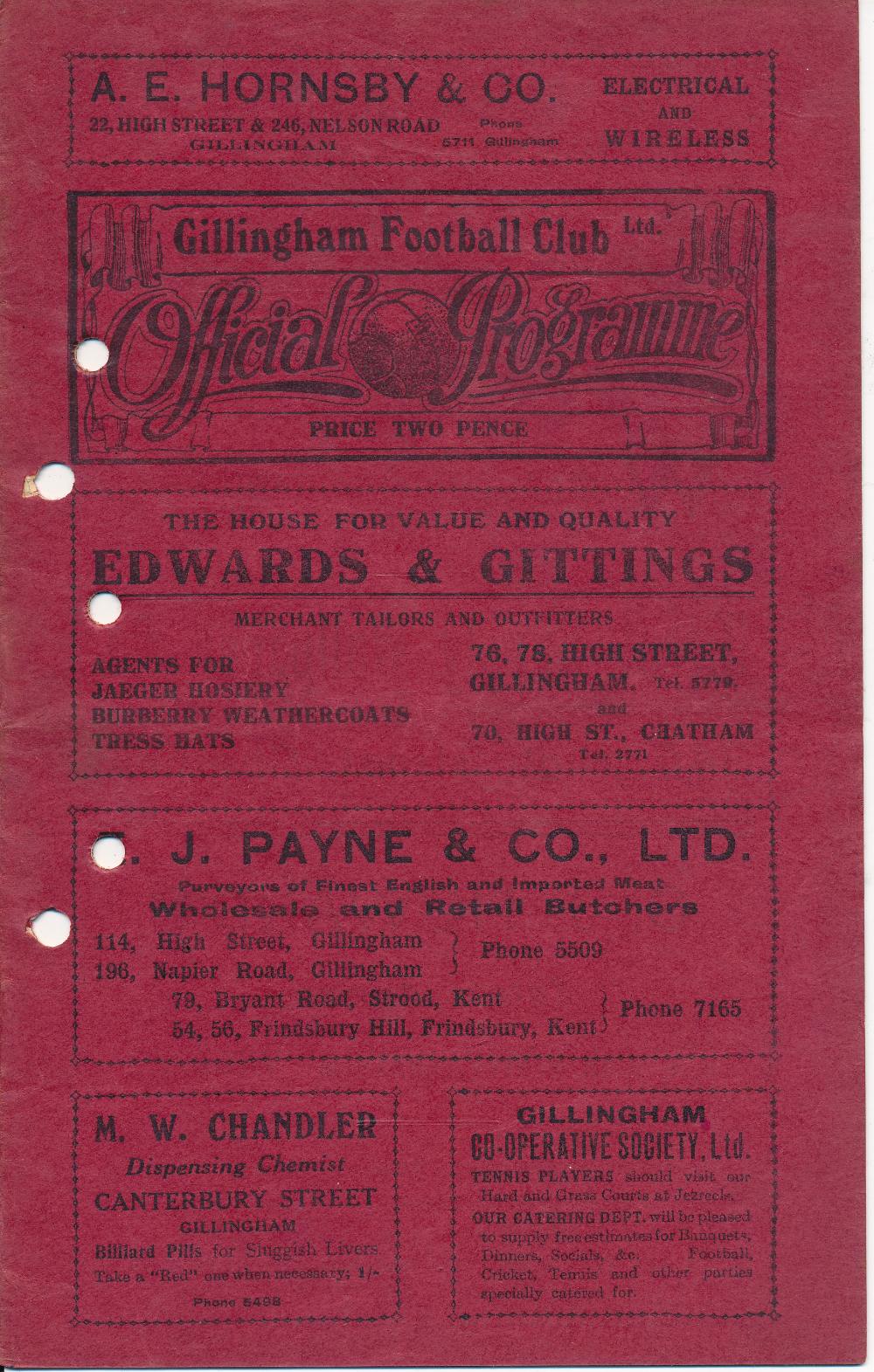Gillingham Football Programme: Home issue versus Swindon Town dated 15th November 1930, HP (1)