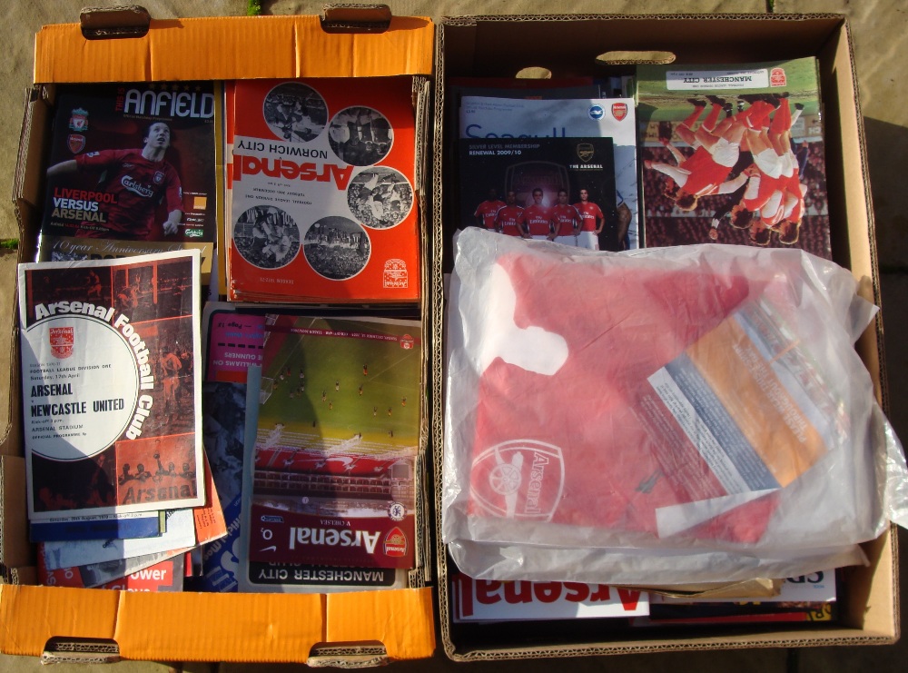 Arsenal Football Programmes & Memorabilia: Two boxes of unsorted Arsenal football programmes,