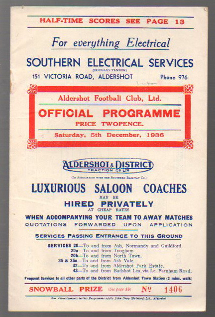 Aldershot FC Football Programme: Home issue versus Luton Town dated 5th December 1936 (1) Good