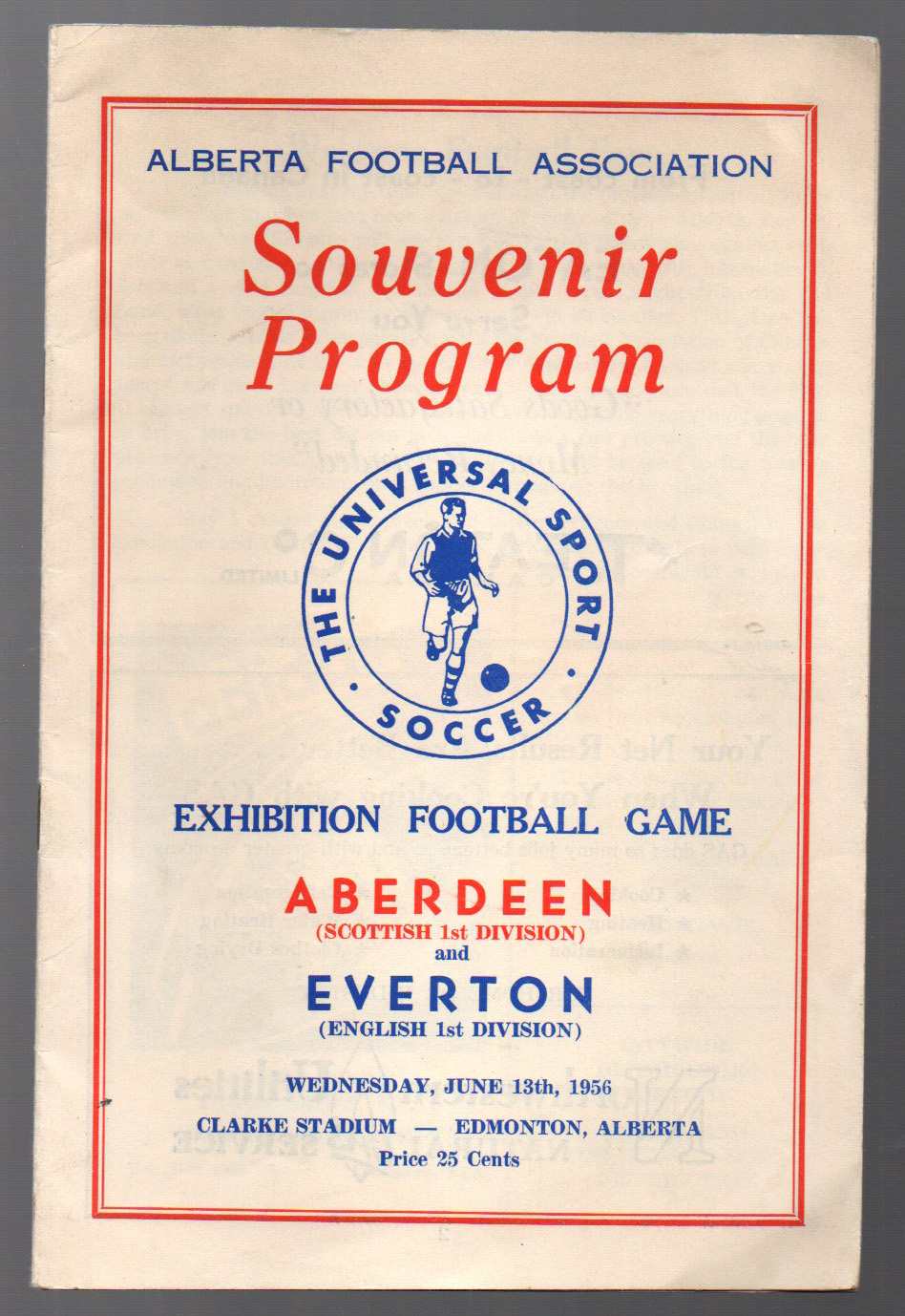 Canadian Football Programme: Everton versus Aberdeen, Clarke Stadium, Alberta June 13th 1956 (1)