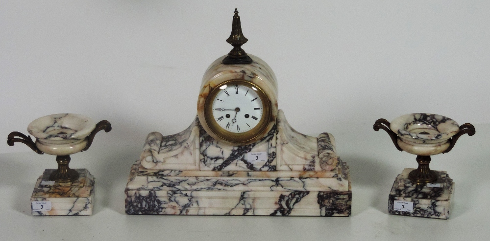 An attractive Victorian speckled and coloured marble 3 piece Mantle Clock Garniture, the clock
