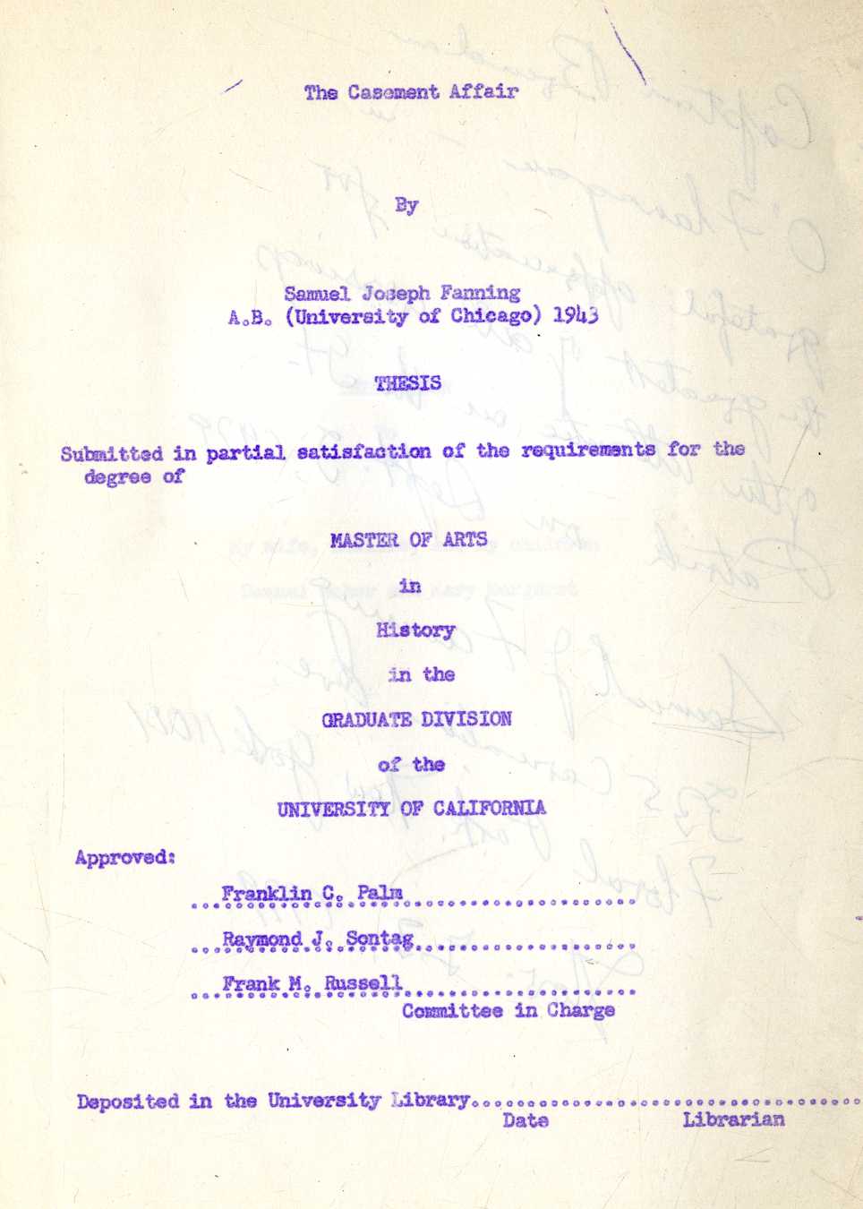 [Roger Casement] Fanning (Sam. Jos) The Casement Affair, 4to typescript, 1943. 93pp. prepared for