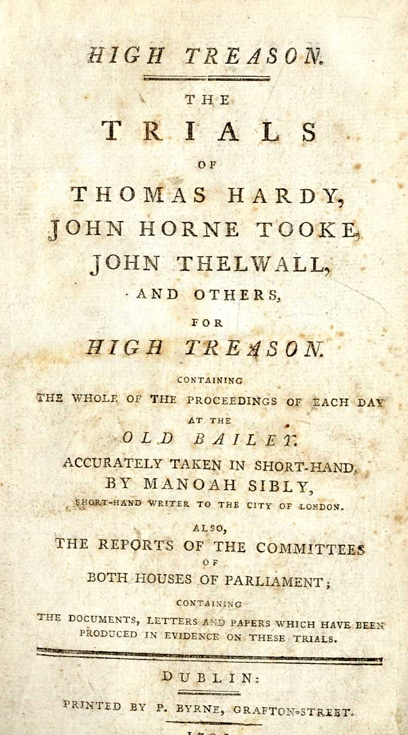 Pamphlets: Sibly (Manoah) The Trials of Thomas Hardy, John Horne Tooke, John Thewell and others