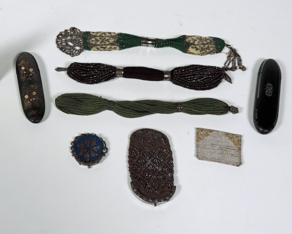 A collection of 6 Victorian bead work Miser and other Purses, also Chinese papier-mache Spectacle