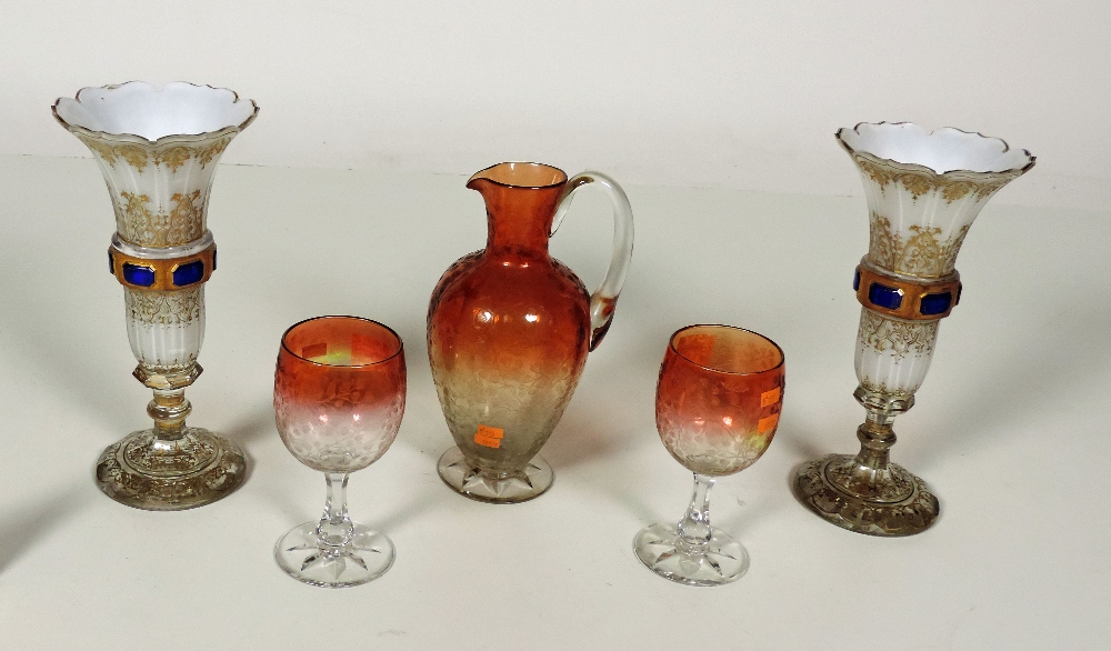 A pair of unusual 19th Century clear and milk glass chalice type Vases, with overall gilt decoration