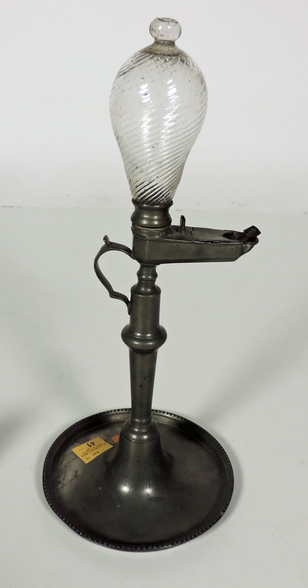 Pewter: An extremely rare late 18th Century German pewter Oil Lamp, with glass container for oil, c.