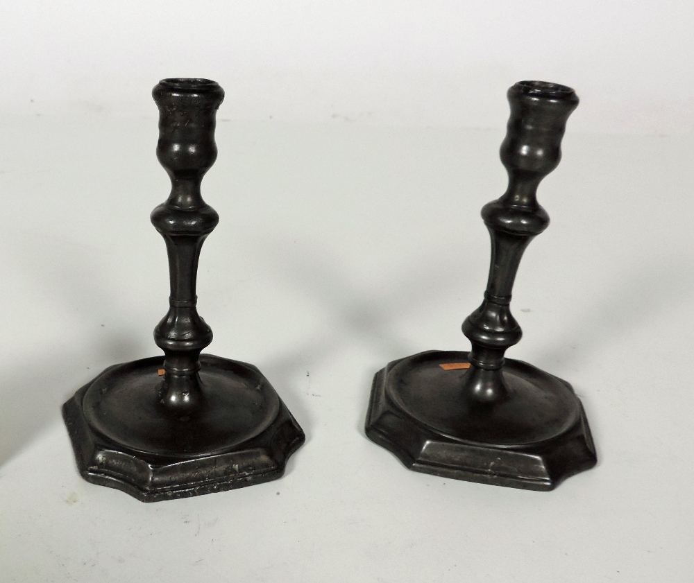 Pewter: A rare pair of 18th Century pewter Bachelor Candlesticks, 16cms (6 1/4") high. (2)