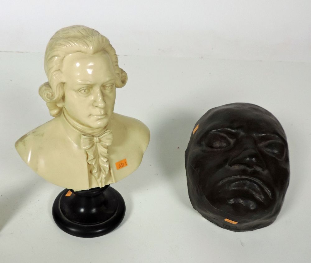 An ivorized Bust, of W.A. Mozart, head and shoulders, and a composition Death Mask of Beethoven. (