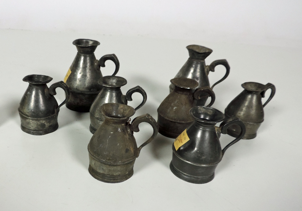 Pewter: Six antique Irish Pewter naggin haystack Measures, and two half-pint Measures. (8)