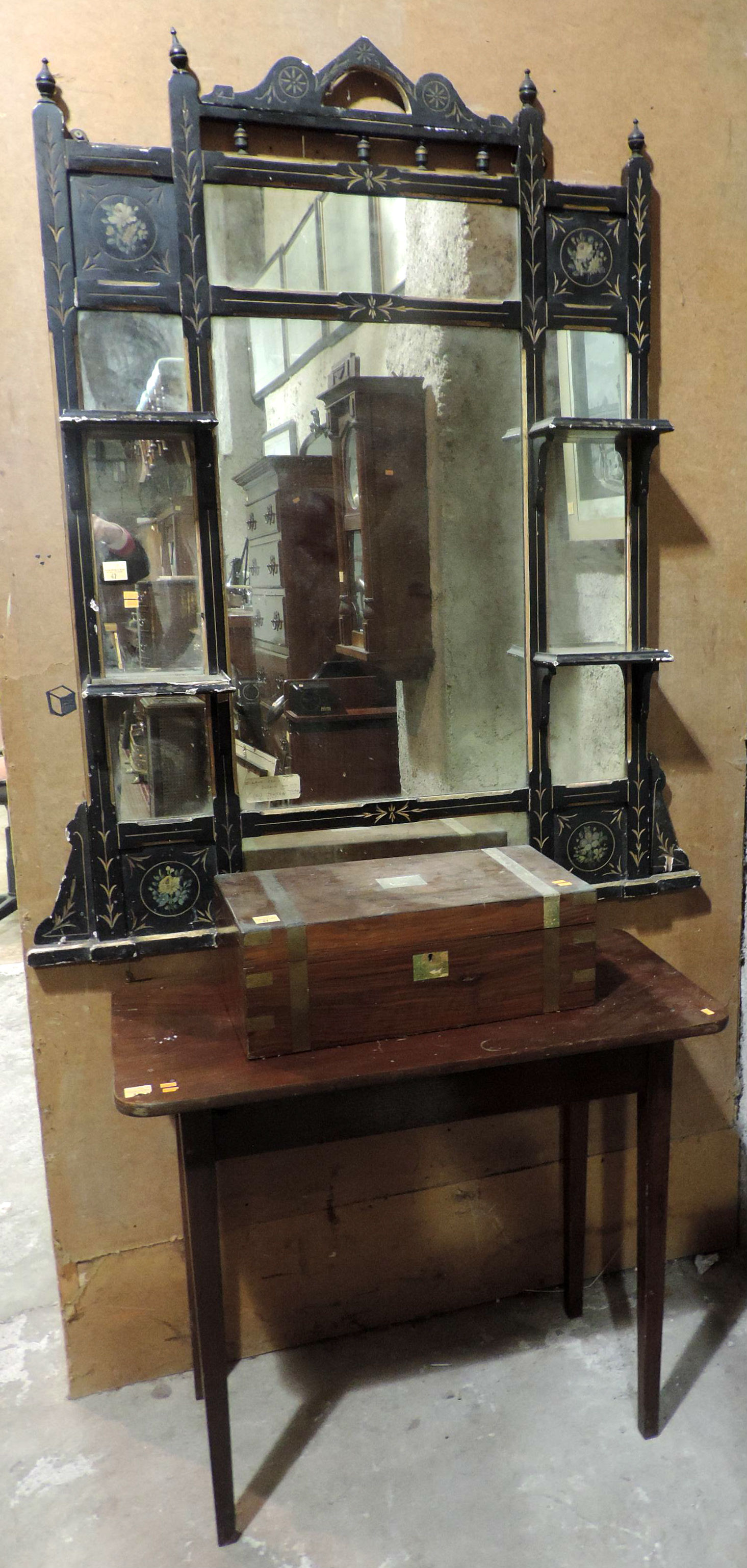 An Edwardian ebonised and painted Overmantel Mirror, a small rectangular mahogany Side Table, and