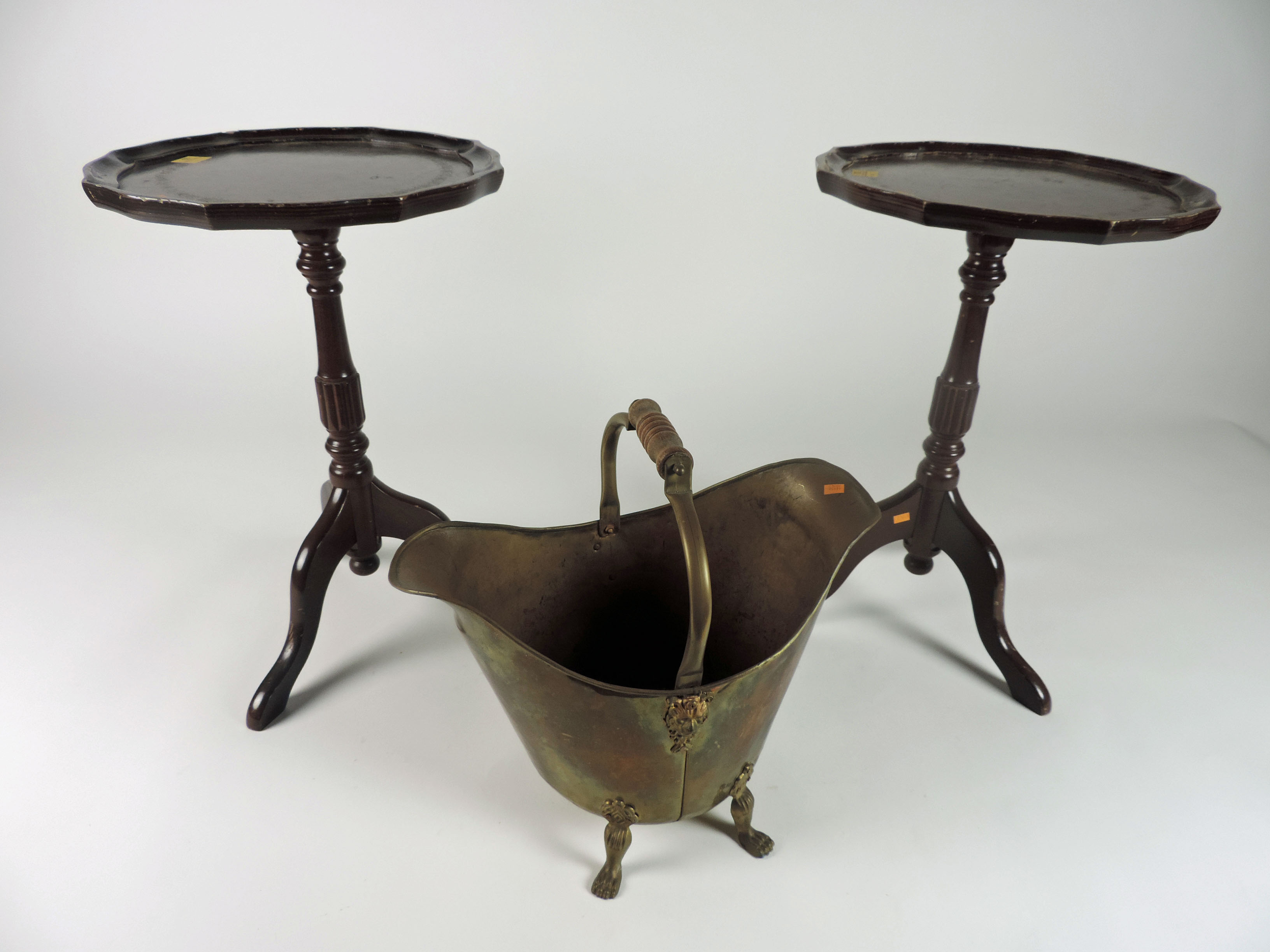 A brass Coal Box, and lid, a brass Coal Helmet, a brass Fire-tidy, and two small wooden Wine Tables.