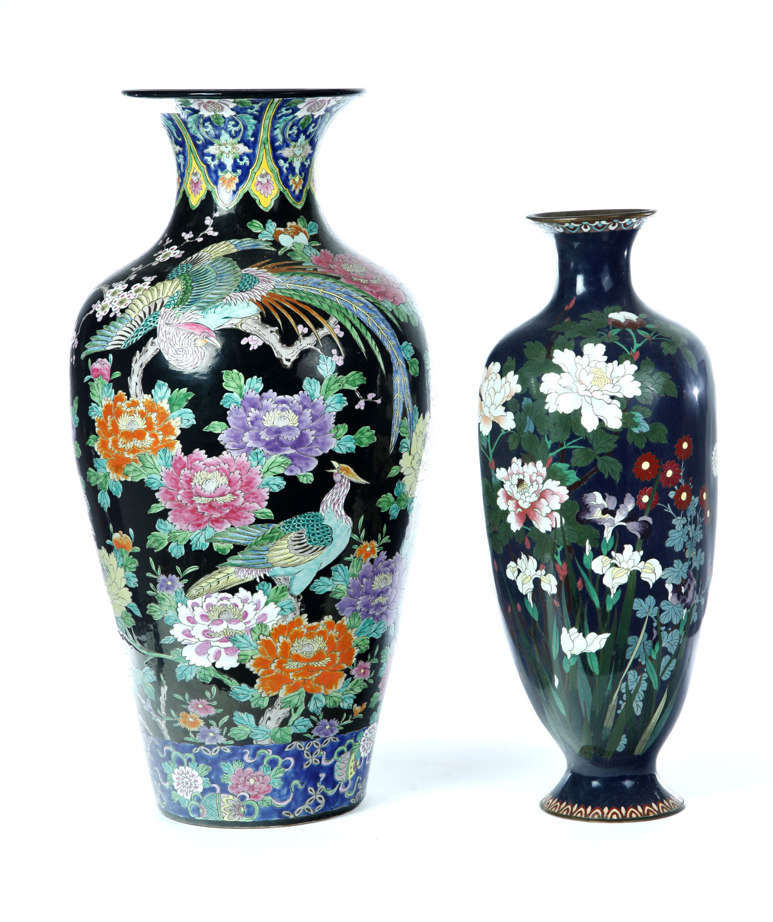 TWO LARGE VASES.China, mid 20th century. Famille Noir style with phoenix, 30""h., and a paneled