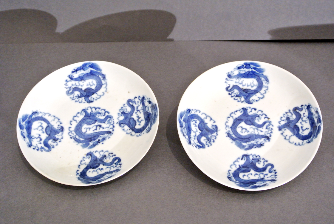 Chinese School 19th century. A beautiful pair of blue and white porcelain saucers, China 19th