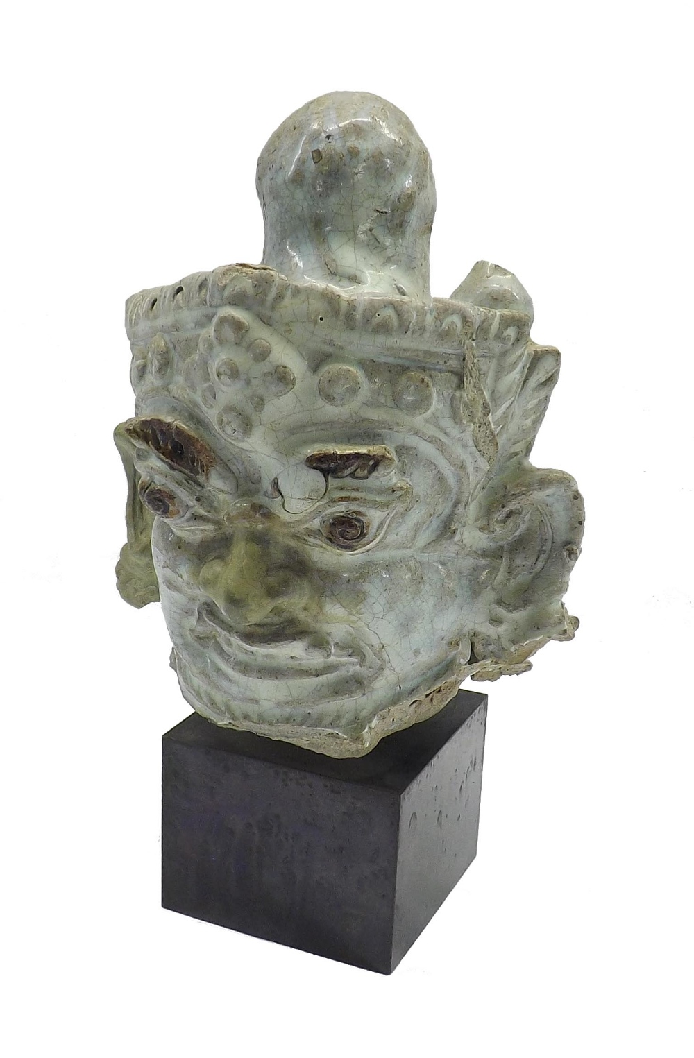 Interesting antique stoneware theatrical painted head, upon a contemporary square base, 10.5" high