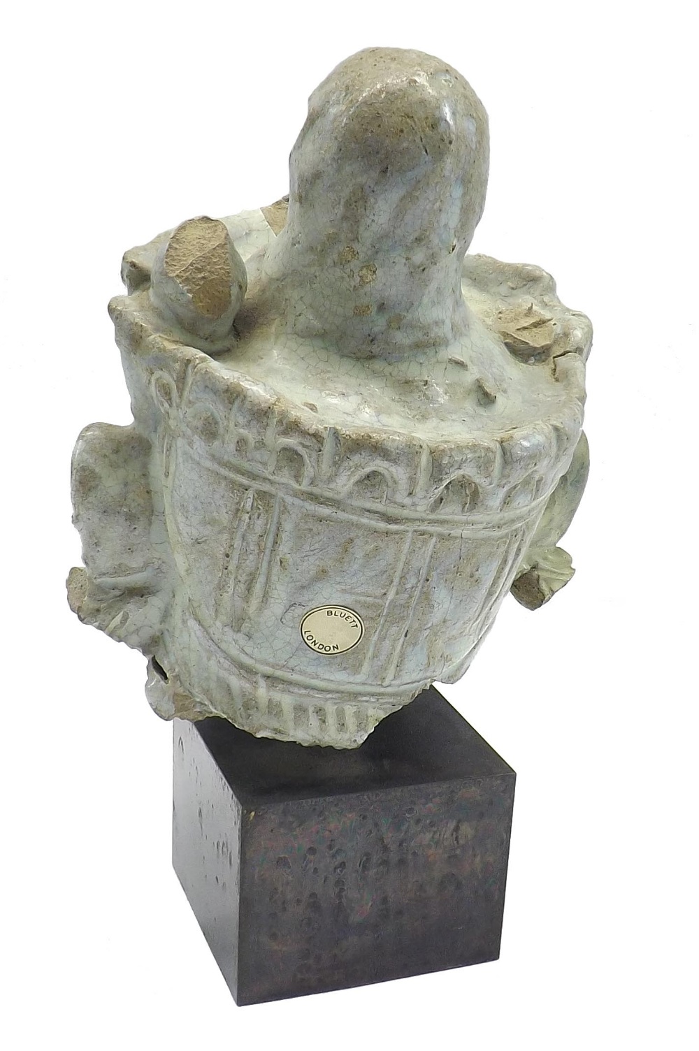 Interesting antique stoneware theatrical painted head, upon a contemporary square base, 10.5" high - Image 2 of 2