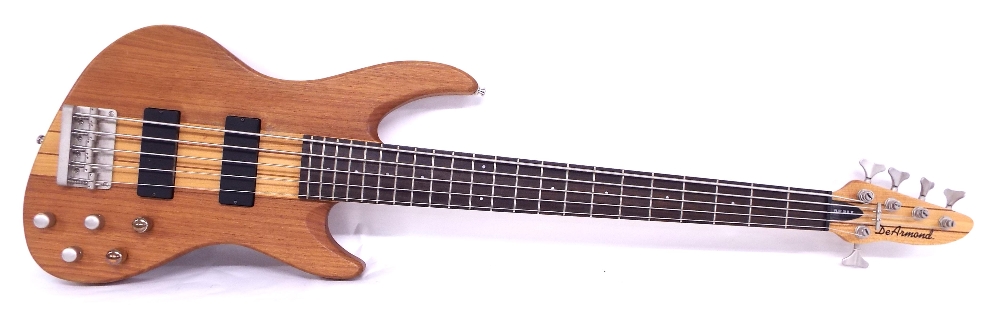 De Armond Pilot DLXV five string bass guitar, natural finish body with various marks, soft case,