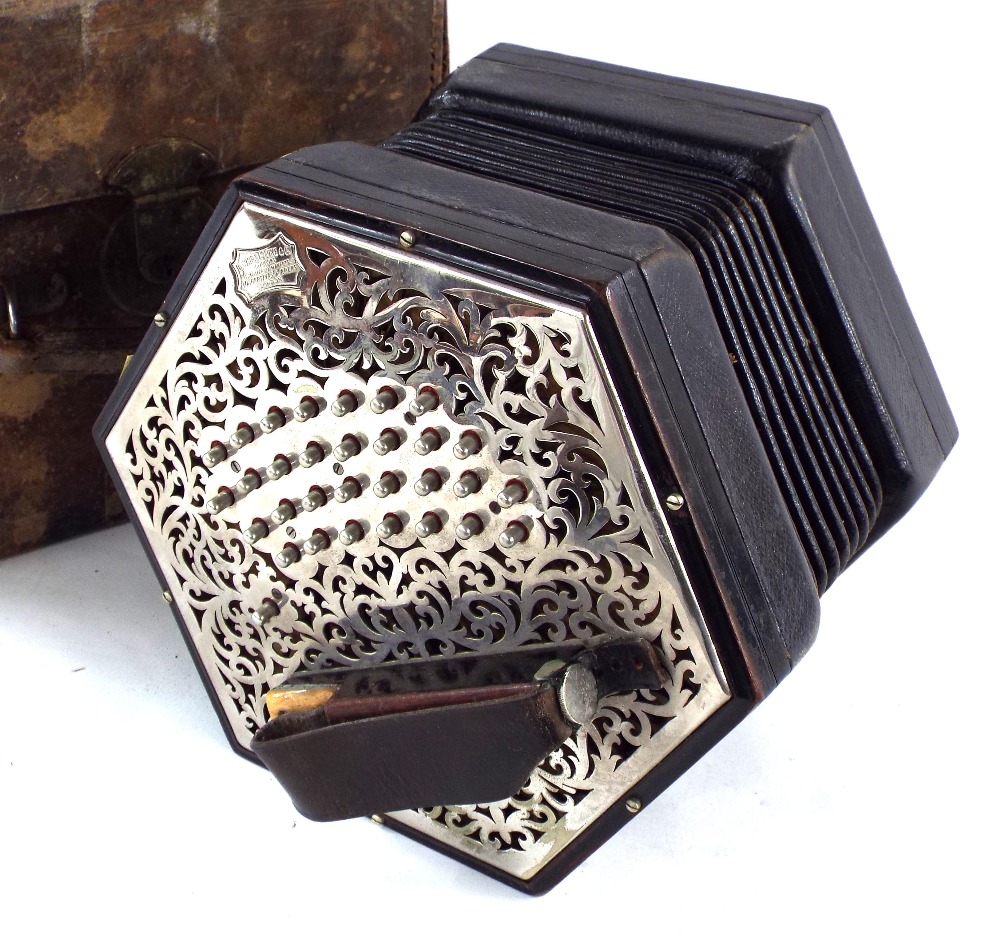 Large Wheatstone & Co Anglo concertina, no. 29698, with fifty-nine buttons on pierced metal ends,