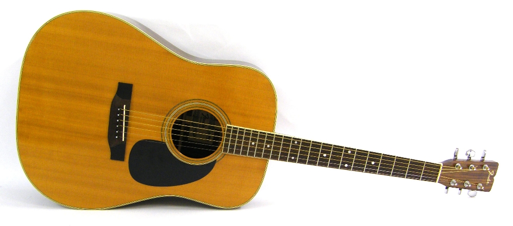 Fender F-75 acoustic guitar, circa mid 1970, ser. no. F7056729, natural top, finish with some