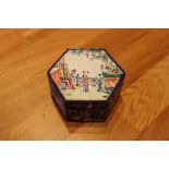 Hexagonal Chinese enamelled box, top wit
