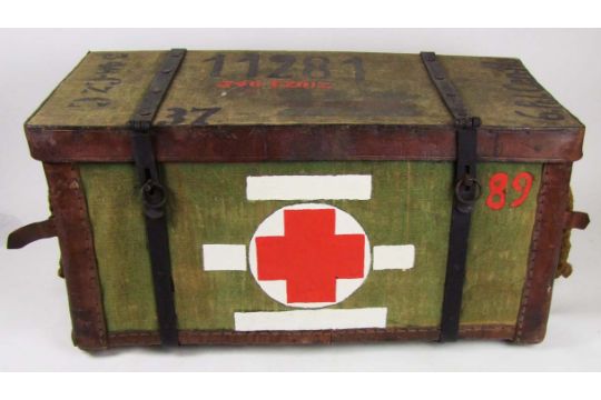 A Great War German field medical chest, of wicker construction, bound in canvas and reinforced with