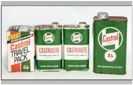 Three Cans of Castorlite Multi Grade Oil in original metal cans.