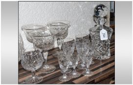 Cut Glass Decanter Together With brandy, sherry & hock glasses. Star cut bases