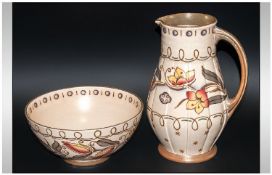 Burleigh Ware Charlotte Rhead Jug and Bowl. Light brown background with floral embossed decoration.