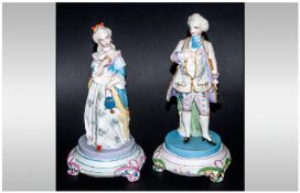 Pair of French Hand Painted Parian Figures of a lady and gentleman in 18thC courtly French dress,