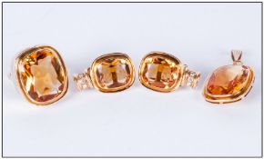 Citrine Jewellery Collection, good set consisting of large Citrine dress ring, pair of Diamond &
