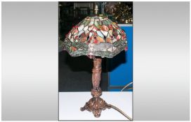 Figural Tiffany Style Table Lamp, Large Green Ground with Stylised Amber Flower and Green  Leaf