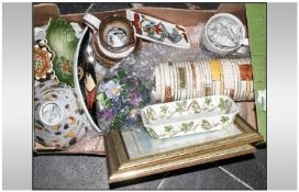 Box of Assorted Ceramics including framed pictures, studio pottery, Flower posy etc