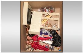 A Box Of Used Sindy Toys Comprising of 6 dolls, Fire place and various kitchen appliances all in