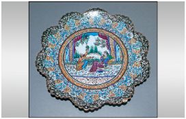 Persian Enamel Decorated Dish On Copper with a shaped petal border decorated to the centre with