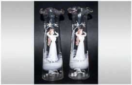 A Pair of 19th Century Mary Gregory Style Glass Vases, Decorated With Images of a Young Woman,