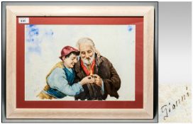 GIANNI 19thC Italian Framed Watercolour Of Typical Style Portrait Figures, Elderly Man Having A