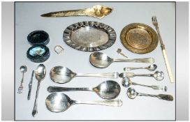 Collection Of Silver & Silver Plated Items including spoons, letter knife, circular brass tray,