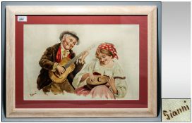 GIANNI 19thC Italian Framed Watercolour Of Typical Style Portrait Figures, Couple With Instruments,