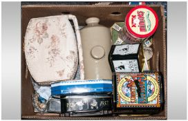 Box of Collectables including haberdashery, marbles, tins, coins, flatware etc